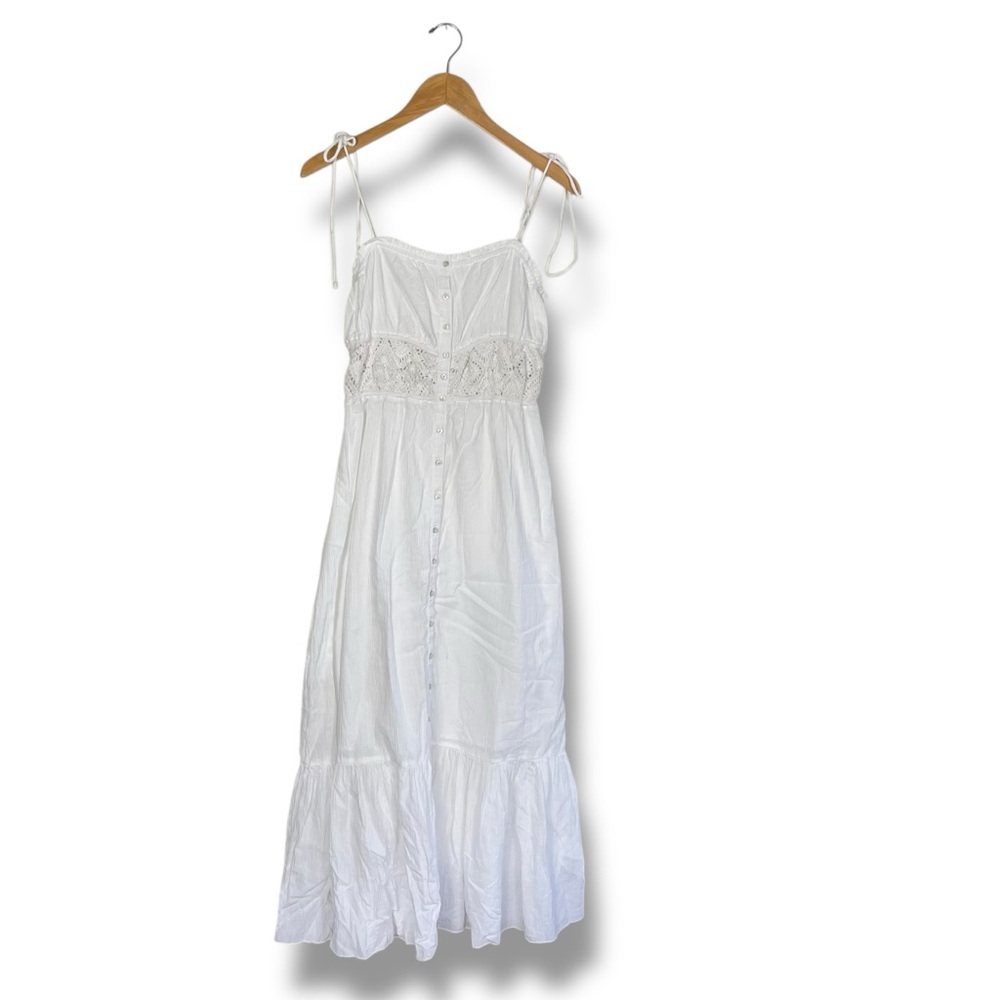 Aerie Crochet Cotton Maxi Dress Button Down Tie Straps Medium Fairy Cottagecore
